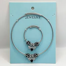 Stainless Steel Charm Bracelet and Necklace Set - Dark Ladybug Design