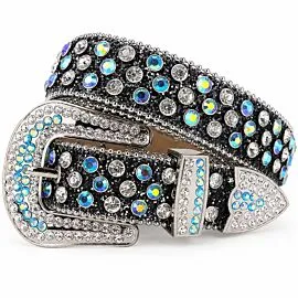 Black Aurora Borealis Rhinestone Belt - AB Iridescent Crystal Silver-Tone Buckle Cowgirl Western Bling