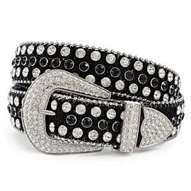 Black Belt Clear and Black Crystal Rhinestone - Silver-Tone Pavé Buckle Bling Cowgirl Western Studded Belt