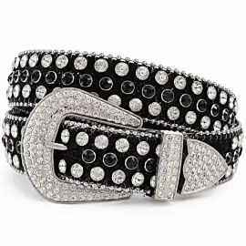 Black Belt Clear and Black Crystal Rhinestone - Silver-Tone Pavé Buckle Bling Cowgirl Western Studded Belt