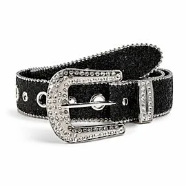 Black Glitter Rhinestone Belt - Clear Crystal Silver-Tone Beaded Edge Pavé Buckle Bling Cowgirl Western Belt