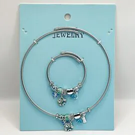 Stainless Steel Charm Bracelet and Necklace Set - Ocean Blue Heart