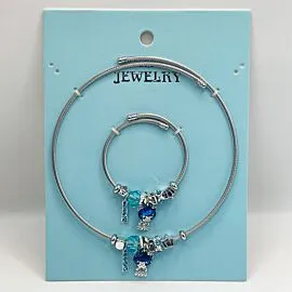 Stainless Steel Charm Bracelet and Necklace Set - Blue Doll with Gemstone