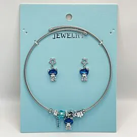 Stainless Steel Charm Necklace and Earrings Set - Blue Rhinestone Doll
