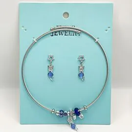 Stainless Steel Charm Necklace and Earrings Set - Ocean Blue Raindrop design
