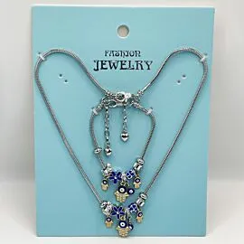 Adjustable Stainless Steel Charm Bracelet and Necklace with Blue Lucky Eye Design