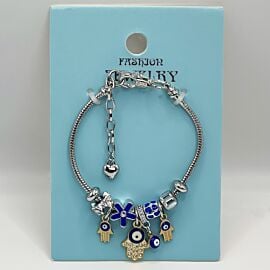 Stainless Steel Charm Bracelet with Blue Evil Eye Protection Design- Adjustable