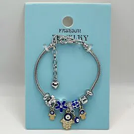 Stainless Steel Charm Bracelet with Blue Evil Eye Protection Design- Adjustable