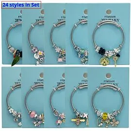 12 different stainless steel charm bracelet set showcased in the image