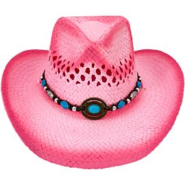 Pink shade raffia straw breathable woman western cowboy hat with a beaded band at wholesale prices