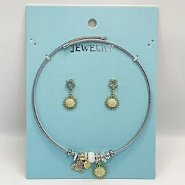 Stainless Steel Charm Necklace and Earrings Set - Bright Yellow Sun