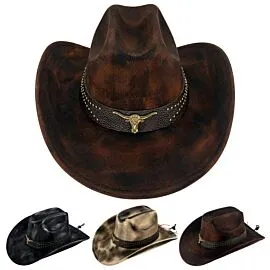 Dozen Wholesale Distressed Western Cowboy Hats with Steer Head Concho and Studded Leather Hatband - Assorted Black, Cream & Brown