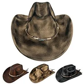 Dozen Wholesale Distressed Western Cowboy Hats with Silver Chain and Turquoise Bead Hatband - Assorted Black, Cream & Brown 
