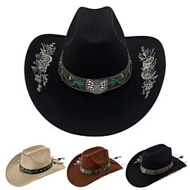 Dozen Wholesale Western Cowboy Hats with Silver Rose Embroidered Brim and Turquoise Concho Hatband - Assorted Black, Cream & Brown