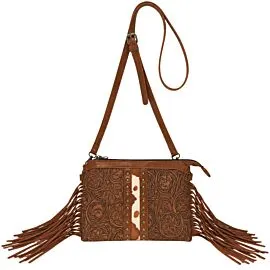 brown western shoulder bags with cowhide design and fringes