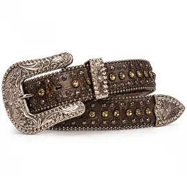 Brown Distressed Leather Rhinestone Belt - Engraved Silver-Tone Buckle Amber Crystal Western Cowgirl Belt