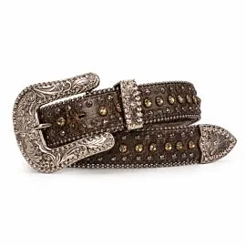Brown Distressed Leather Rhinestone Belt - Engraved Silver-Tone Buckle Amber Crystal Western Cowgirl Belt