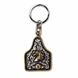 Bucking Bronco Cattle Tag Keychain - Two-Tone Rope Edge Red Crystal Western Rodeo Charm