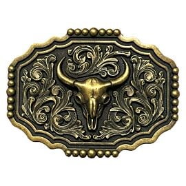 Wholesale Western Buckles - Dark Gold Floral Design Longhorn Belt Buckle