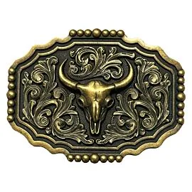 Wholesale Western Buckles - Dark Gold Floral Design Longhorn Belt Buckle