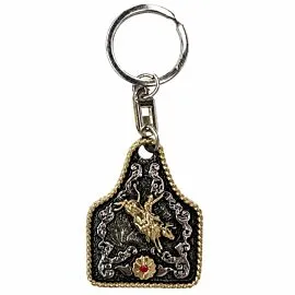 Bull Rider Cattle Tag Keychain - Two-Tone Rope Edge Crystal Accent Western Rodeo Keychain