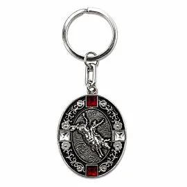 Bull Rider Oval Medallion Keychain - Red Crystal Antiqued Silver-Tone Rodeo Charm