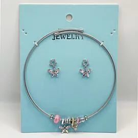 Stainless Steel Charm Necklace and Earrings Set - Pink Purple Butterfly