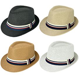 Wholesale Casual Straw Trilby Fedora Hat with Blue-Red-White Strip Band Blue-Red