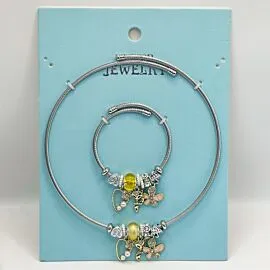 Stainless Steel Charm Necklace and Bracelet Set - Golden Fox and Flower