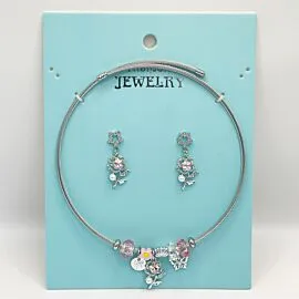 Stainless Steel Charm Necklace and Earrings Set - Rhinestone Pink Rose