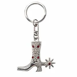 Cowboy Boot Red Crystal Keychain - Silver-Tone Spur Western Cowgirl Charm