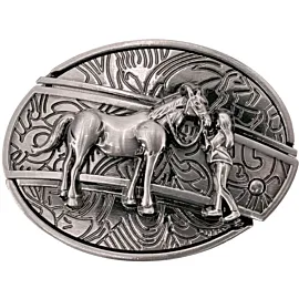 hidden knife belt buckle with cowgirl and horse design