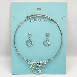 Stainless Steel Charm Necklace and Earrings Set - Rhinestone Crescent Butterfly
