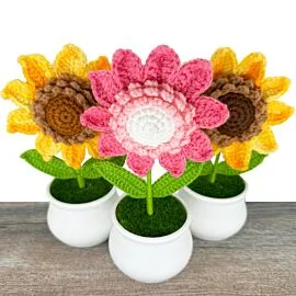 Crochet Sunflowers with Pink and Yellow Colors in a Pot - Assorted Colors