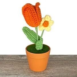 Crochet Flower in Vase - Orange Tulip and Yellow Puff Flower