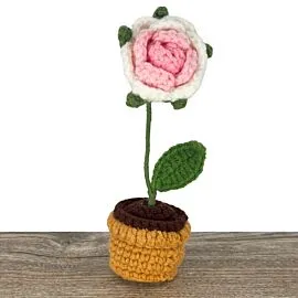 White Pink Crochet Rose in Crochet Flower Pot