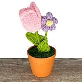 Crochet Flower in Vase - Pink Tulip and Purple Puff Flowers