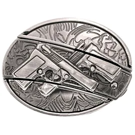 Crossed guns design hidden knife belt buckle