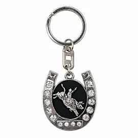 Crystal Horseshoe Bull Rider Keychain - Black Enamel Silver-Tone Rodeo Charm