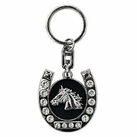 Crystal Horseshoe Horse Head Keychain - Black Enamel Silver-Tone Western Charm