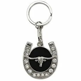 Crystal Horseshoe Longhorn Keychain - Black Enamel Silver-Tone Western Charm