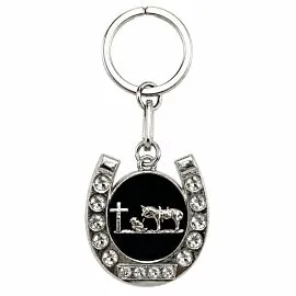 Crystal Horseshoe Praying Cowboy Keychain - Black Enamel Silver-Tone Faith Charm