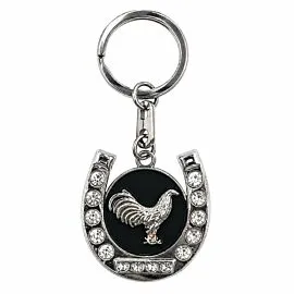 Crystal Horseshoe Rooster Keychain - Black Enamel Silver-Tone Lucky Gallo Charm