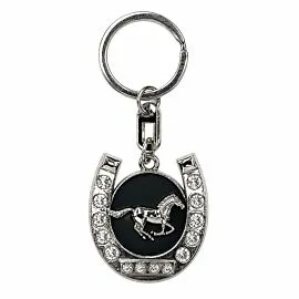 Crystal Horseshoe Running Horse Keychain - Black Enamel Silver-Tone Cowgirl Charm