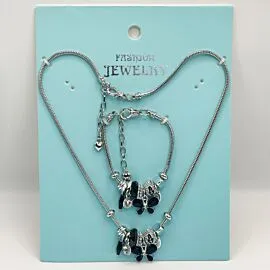 Adjustable Stainless Steel Charm Bracelet and Necklace with Dark Butterfly Design
