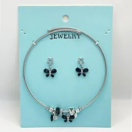 Stainless Steel Charm Earring and Necklace Set - Dark Butterfly