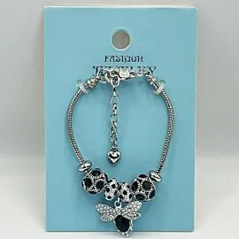 Stainless Steel Charm Bracelet with Dark Rhinestone Ladybug Design - Adjustable