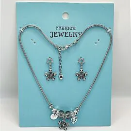Adjustable Stainless Steel Charm Necklace and Earrings with Black Lucky Flower Design