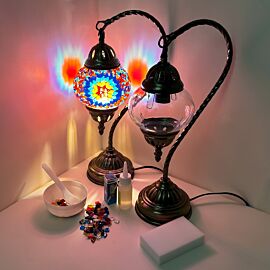 diy swan neck mosaic lamp and finished product - big blue and red flower design