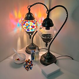 diy swan neck turkish mosaic lamp and finished product - colorful star design
